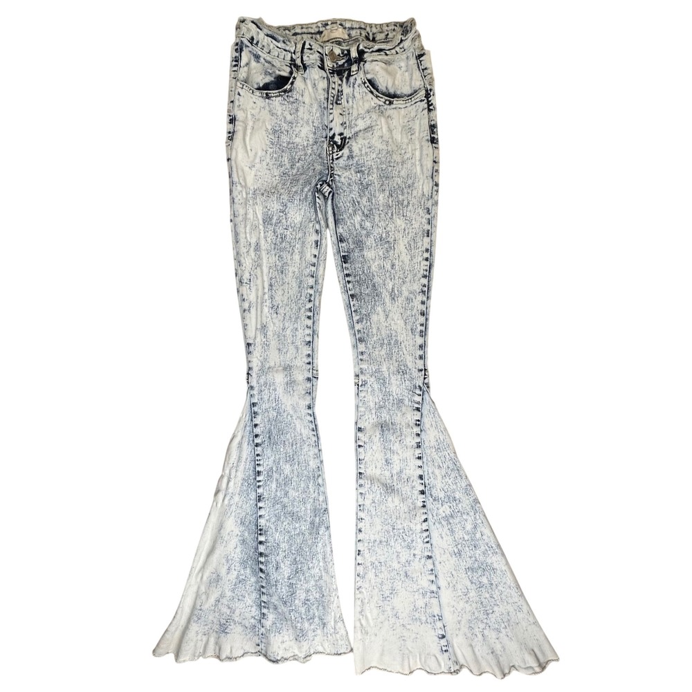 Altered State Acid Wash Bell Bottom Flare Jeans High Rise Frayed Hem Blue Small
